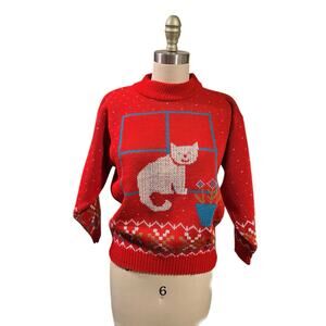 Vintage Red Silver Cat Sweater Cottagecore Grandmacore Grannycore M Vtg